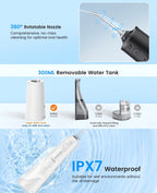 Irrigador bucal portátil recargable, hilo dental con agua para dientes, irrigador dental inalámbrico profesional 8 boquillas 5 modos, IPX7 a prueba de agua 300ML para limpiar los dientes, hogar y viaje