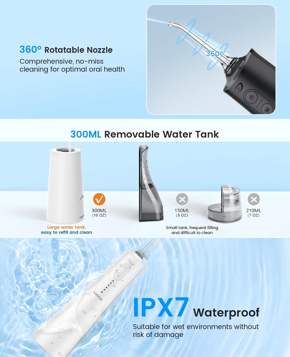 Irrigador bucal portátil recargable, hilo dental con agua para dientes, irrigador dental inalámbrico profesional 8 boquillas 5 modos, IPX7 a prueba de agua 300ML para limpiar los dientes, hogar y viaje