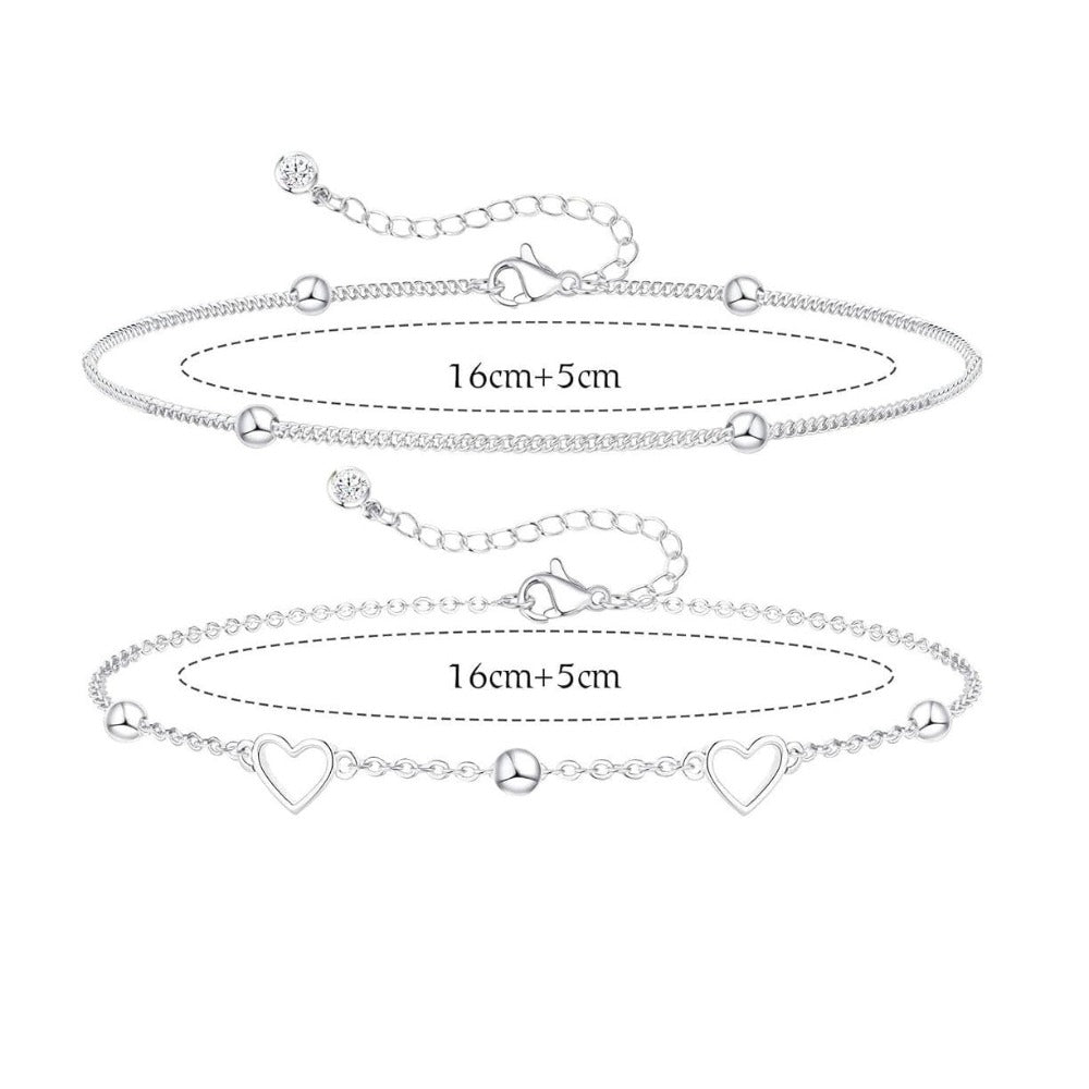 Juego de Pulseras para Mujer en Plata 925, Pulseras Ajustables y Apilables con Corazón y Perla, Pulsera Brillante de Amor, Regalo de Joyería para Mujer, 16 cm + 5 cm