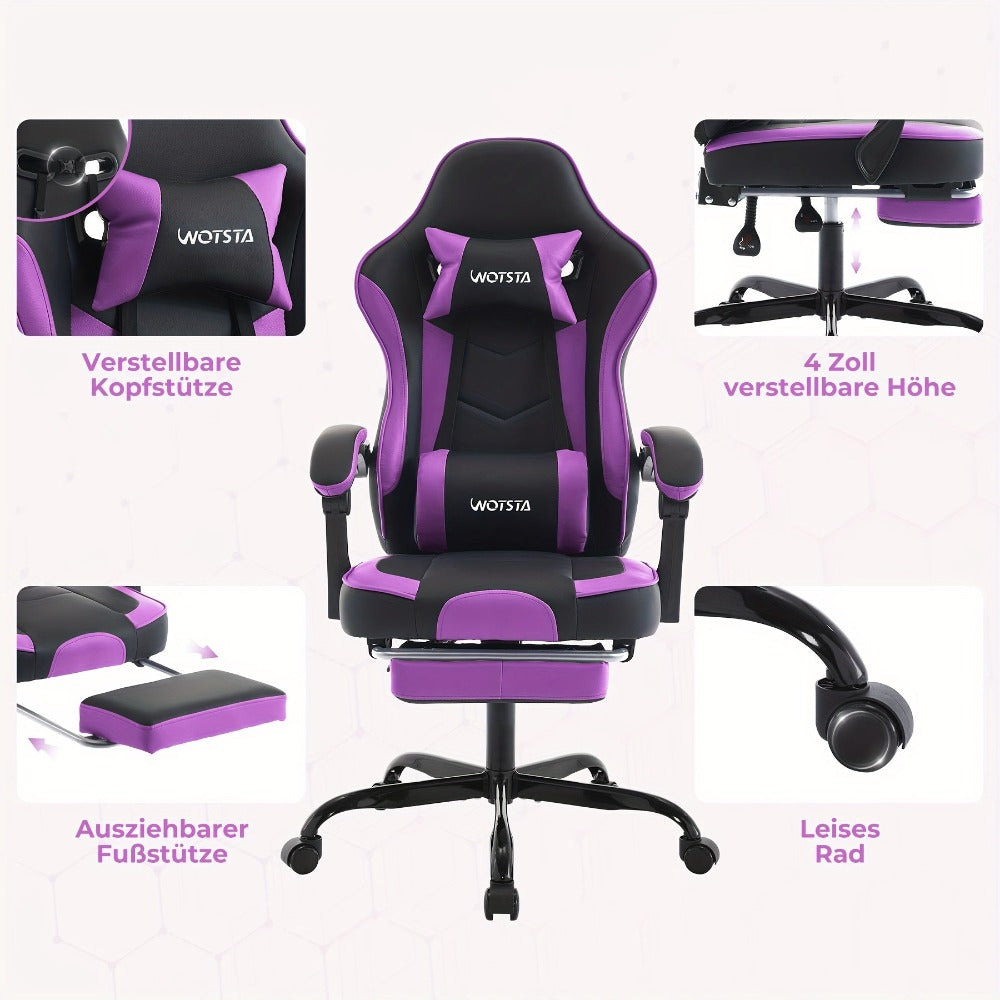 Silla Gaming, Silla para Ordenador, Silla Gaming Ergonómica con Pedales para Pies, Silla de Oficina, Silla Ergonómica para Ordenador con Soporte Lumbar, Silla Gaming de Altura Ajustable, Disponible en Negro
