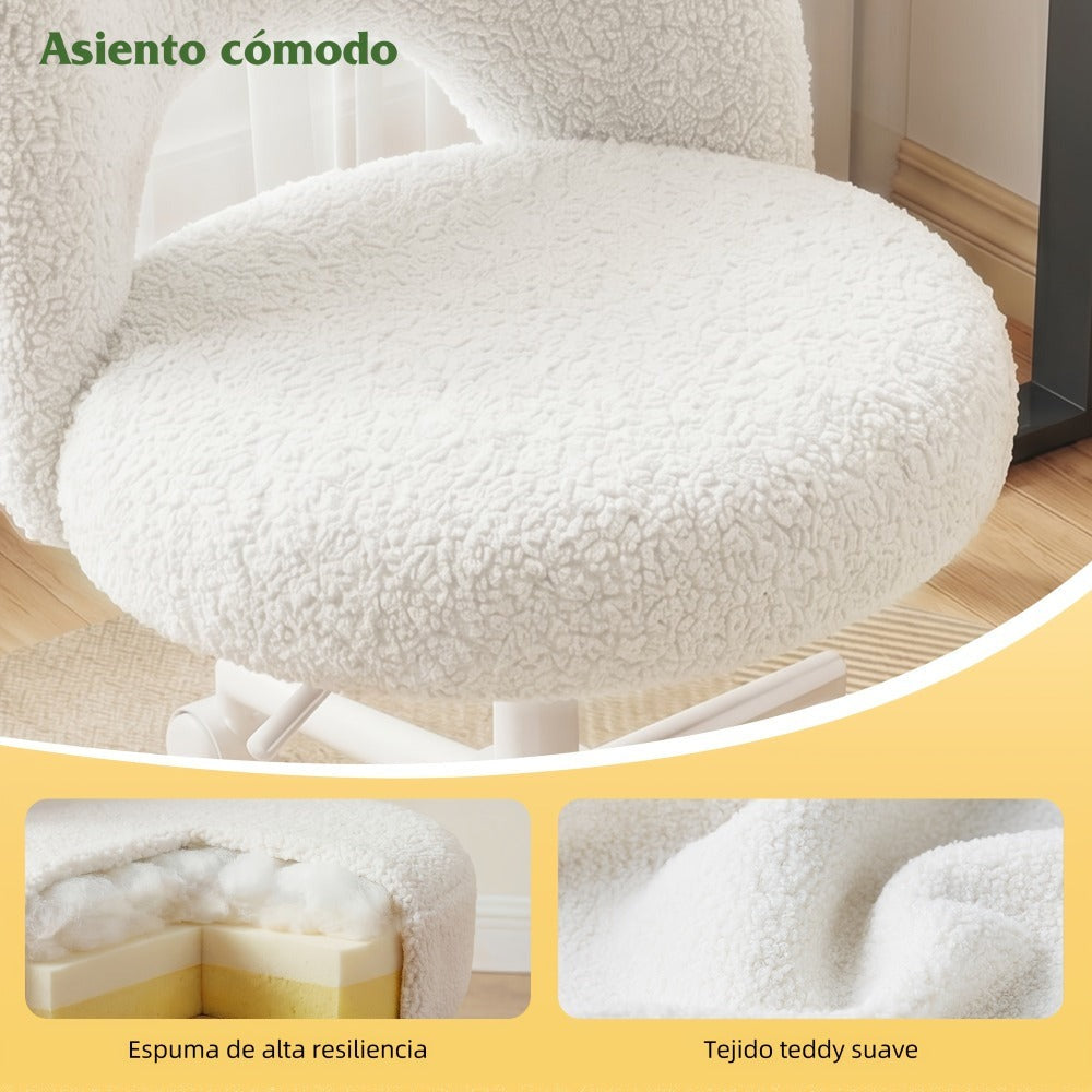 Klyvvo Silla de Escritorio con Ruedas, Silla de Maquillaje con Tejido Teddy Transpirable, Altura Ajustable, Ideal para Oficina, Hogar, Regalo Familiar, Soporta Hasta 150 Kg, Disponible en Rosa, Blanco y Gris