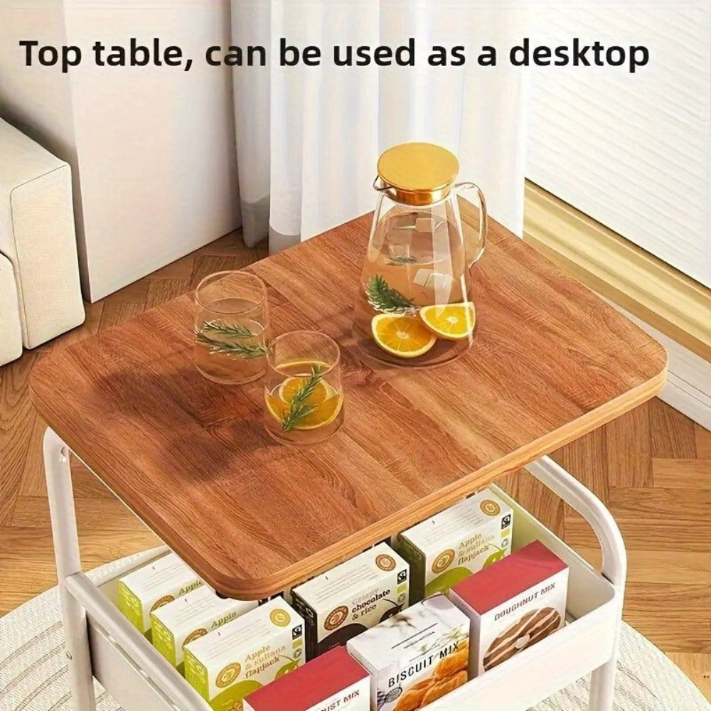 Un estante de almacenamiento con ruedas, estante superior de madera maciza, carrito de cocina, hecho de acero al carbono, resistente y duradero, para almacenar estantes de cocina, con un diseño vertical en capas, adecuado para el almacenamiento en dormito