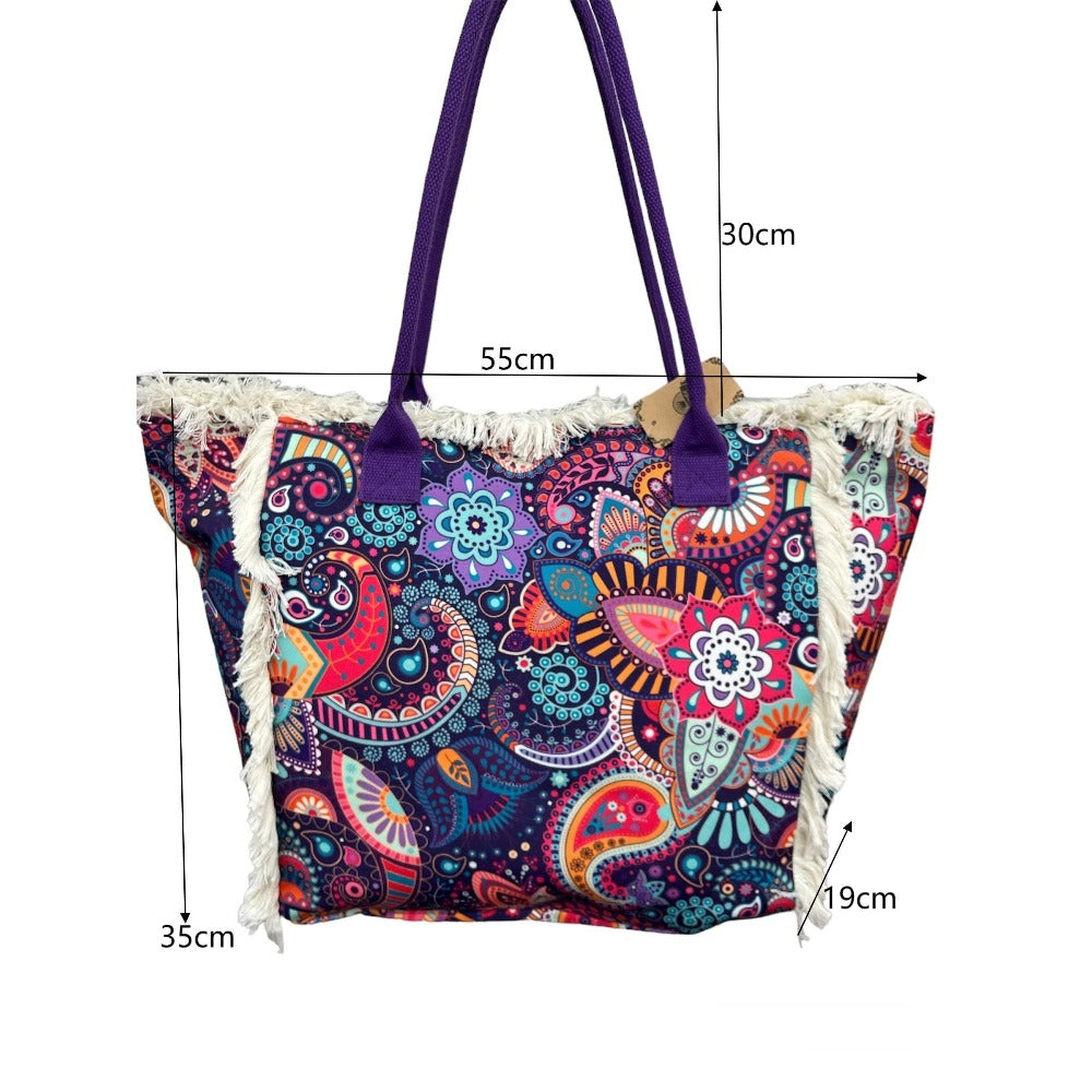 MEJORADA Bolso de Playa Grande con Estampado Colorido y Flecos, Estilo Tote con Forro Interior, Tamaño 55x35x20 cm - Ideal para Playa, Piscina y Viajes