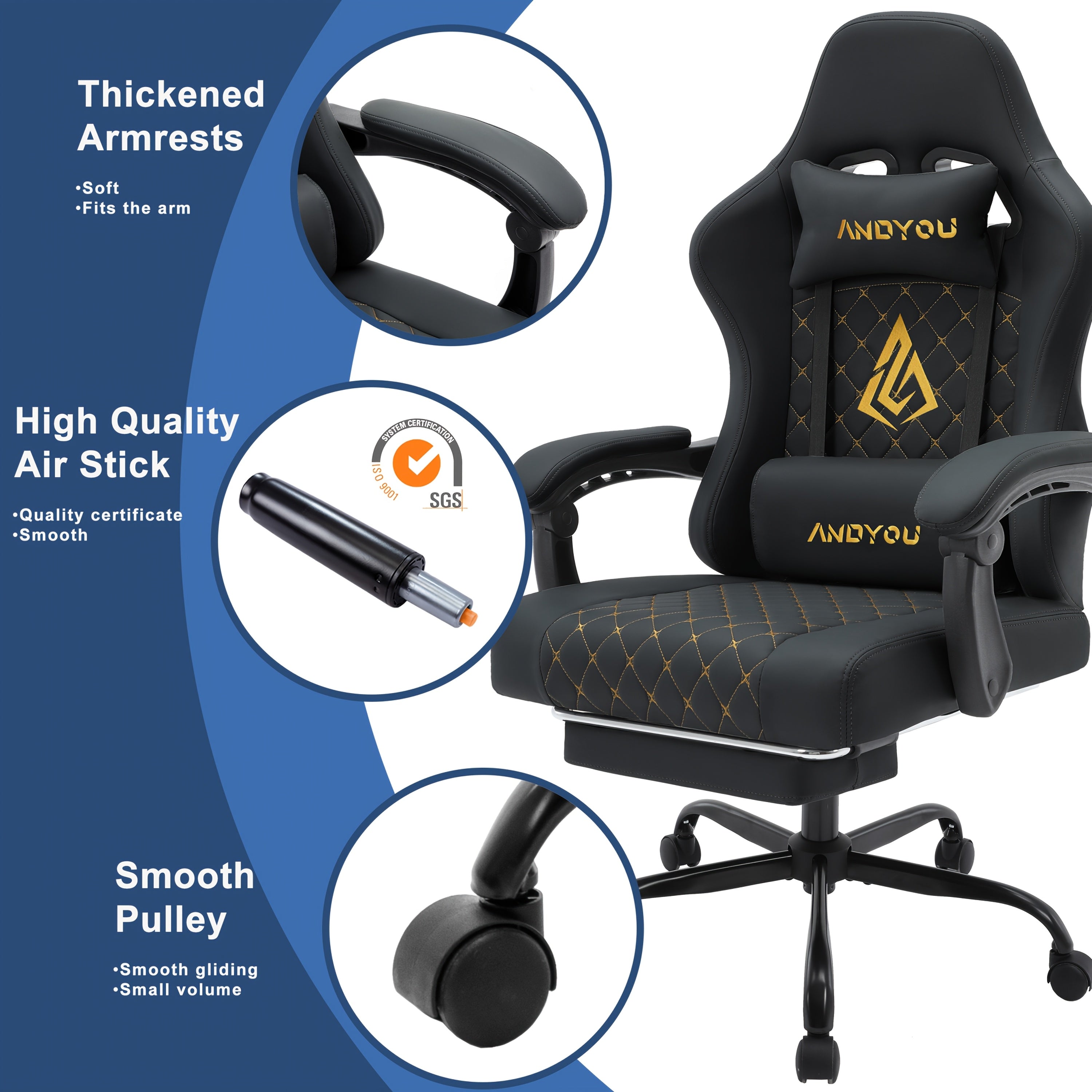 Silla de oficina | Silla de gaming Andyou con reposapiés, silla ergonómica de ordenador para juegos, silla de tarea giratoria y ajustable con