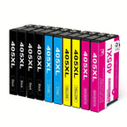 Un paquete de 10 cartuchos de tinta compatibles con la impresora Epson 405 XL, aptos para varios modelos Epson Workforce, incluyendo la EC-C 7000 Pro y la serie WF-3800