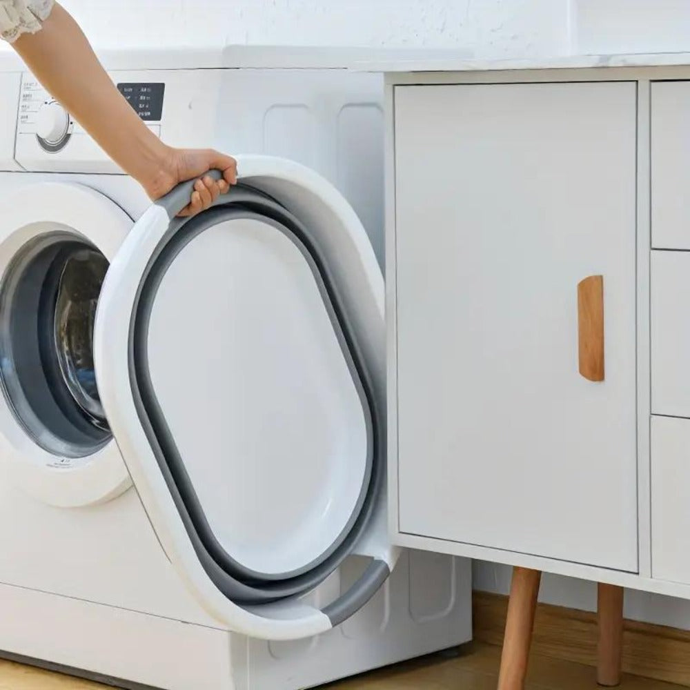 Cubo para la colada retráctil blanco y gris 21 l. Ideal para ropa sucia, Dobla, Juega, Lleva contigo.