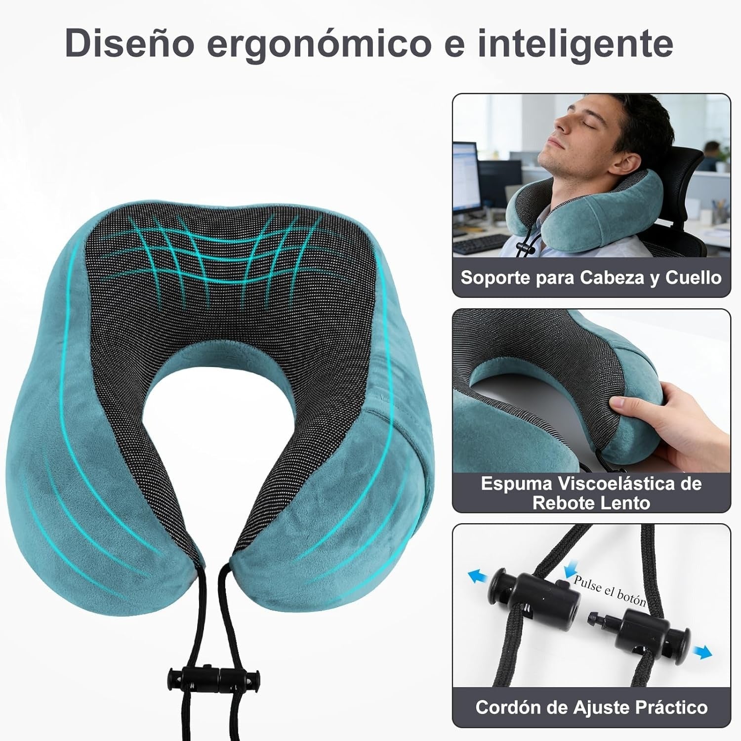 Una Almohada Cervical Ergonómica en Forma de U con Bolsa de Almacenamiento, Espuma de Memoria con Tecnología de Rebote Lento, Funda Lavable a Máquina, Ligera y Portátil para Avión, Oficina y Hogar, Apoya Cuello y Cabeza, Ideal para Siestas, Lectura y Ver