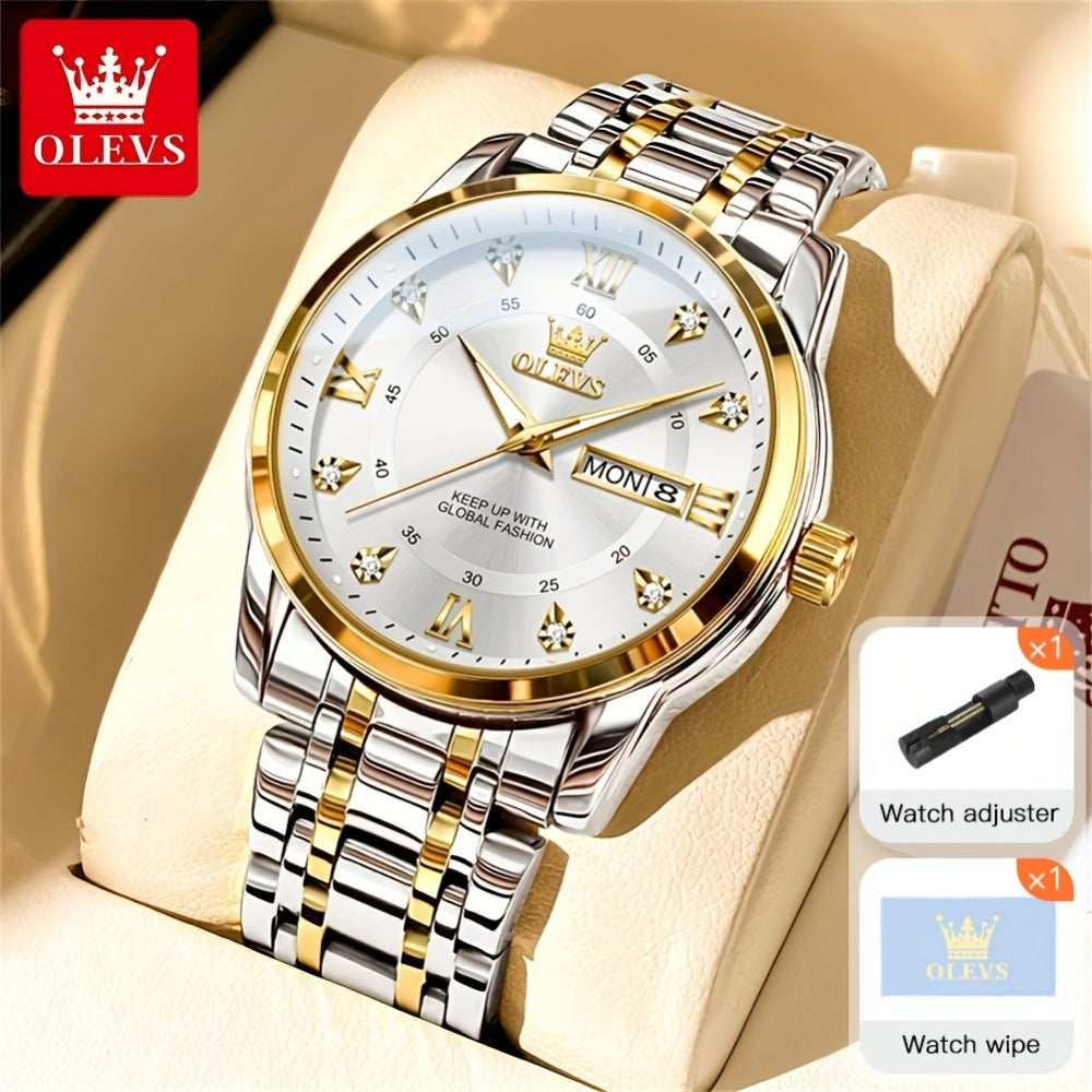 OLEVS Reloj de Lujo para Hombre, Diseño Elegante de Negocios con Diamantes de Imitación, Cuarzo Clásico de Acero Inoxidable para Hombre, Calendario Diurno Luminoso, Ideal para Regalos Románticos, Disponible en Esfera Azul/Negro/Blanco/Dorado