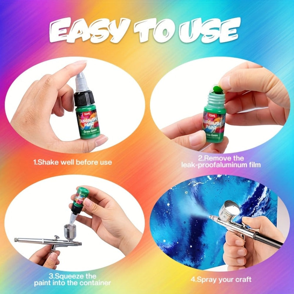 Un set de pinturas para aerógrafo en 12, 24 o 36 colores, cada una de 10 ml/0.33 oz, perfecto para diversas técnicas de pintura, incluyendo pintura al óleo, pintura a mano y proyectos. Ideal para principiantes y aficionados, así como para cerámica y arte.