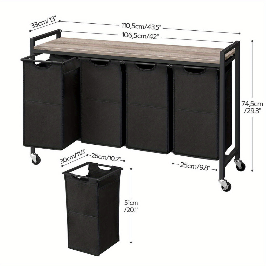 Gris y Negro, Marrón Rústico y Negro, Clasificador de Ropa 4 Secciones, Cesto de Ropa, Cesta de Ropa con Ruedas, 4 × 10.5 Gal (39.8L), Carro Rodante, Bolsas de Lona Oxford Extraíbles y Desmontables, Canastas de Ropa