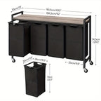 Gris y Negro, Marrón Rústico y Negro, Clasificador de Ropa 4 Secciones, Cesto de Ropa, Cesta de Ropa con Ruedas, 4 × 10.5 Gal (39.8L), Carro Rodante, Bolsas de Lona Oxford Extraíbles y Desmontables, Canastas de Ropa