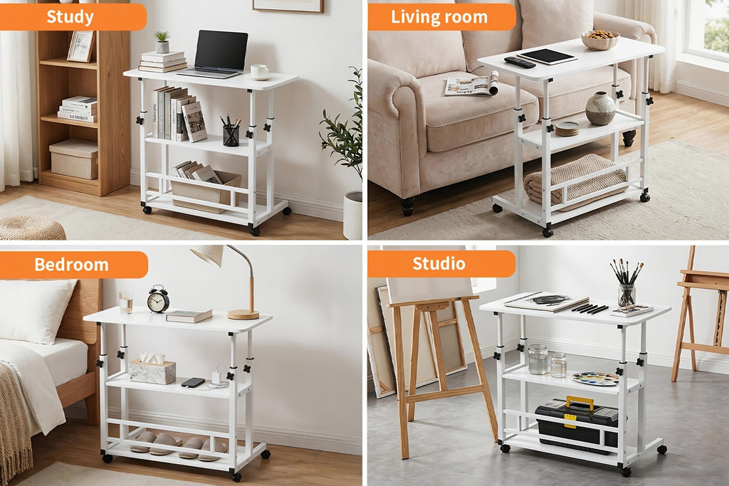 Escritorio | Escritorio de pie de altura ajustable, escritorio móvil con ruedas universales, almacenamiento de doble capa, estable y cómodo, mesa