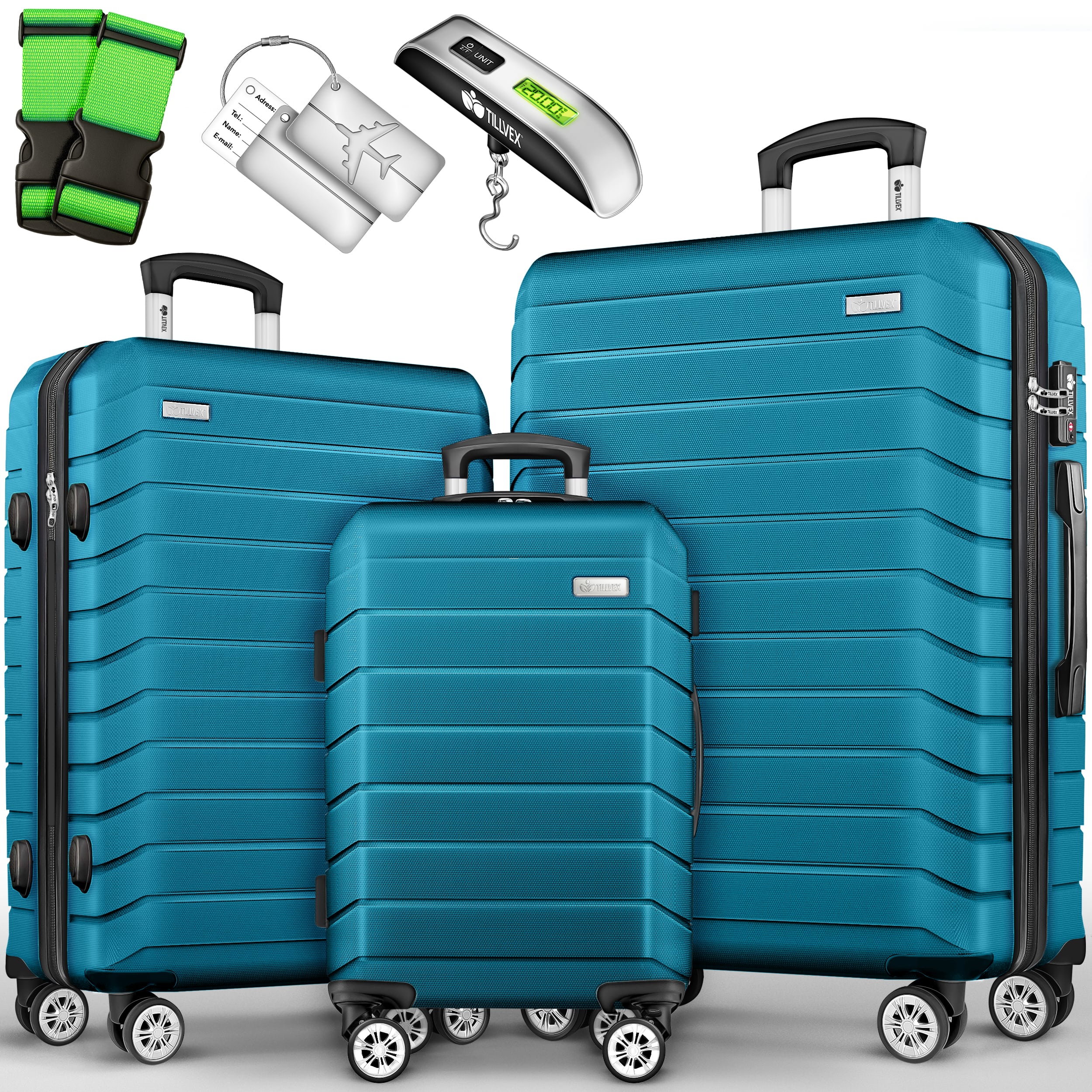 Tillvex® Juego de Equipaje de Viaje con Báscula, Correas y Etiquetas | Maleta de 4 Ruedas | Equipaje con Candado TSA | Juego de Maletas de Carcasa Dura