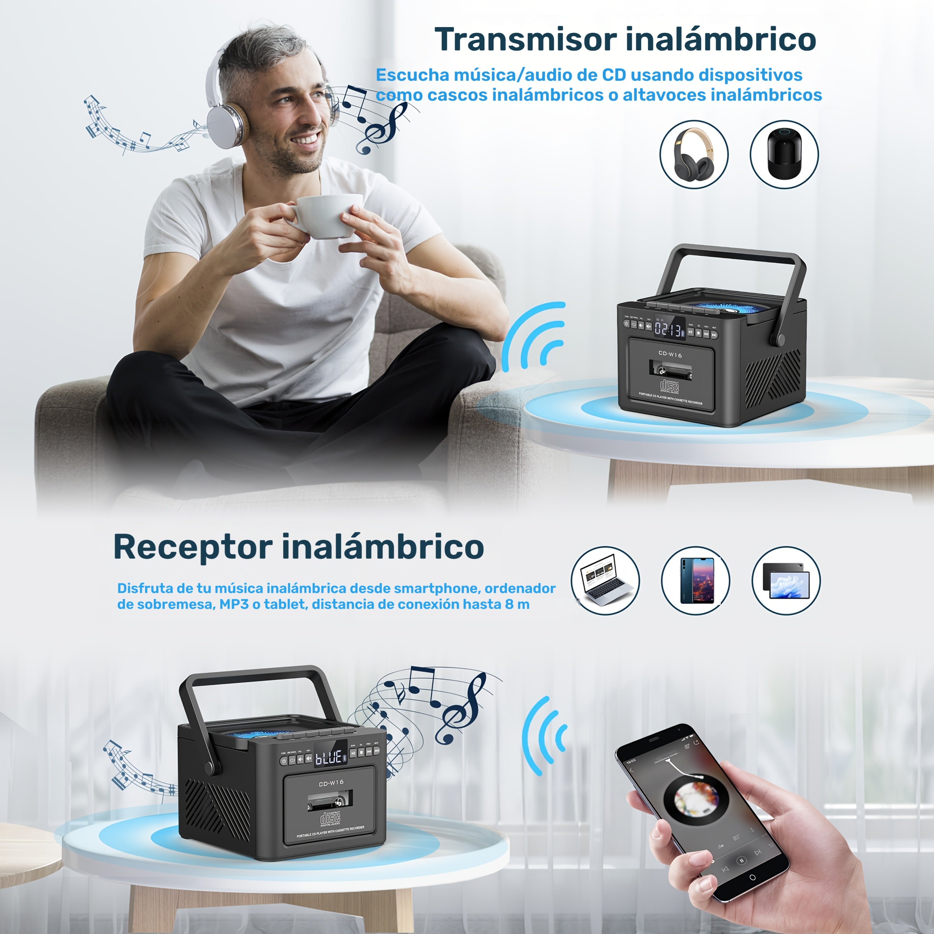 Reproductor portátil de CD y casete para música, radio y grabación