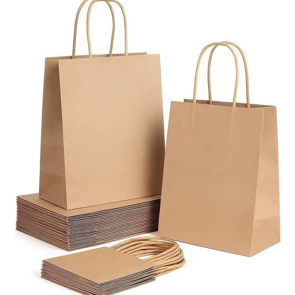 10/25/100 Uds Bolsas de Papel Marrón con Asa Rígida Bolsas Kraft para Comercio Regalos Navidad y Manualidades DIY