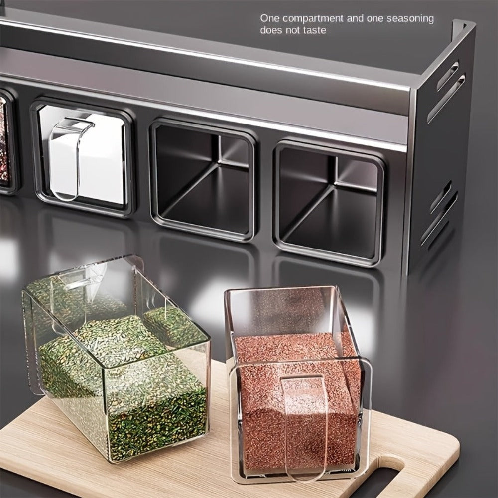 Organizador de especias de pared de 1 pieza con estantes colgantes y frascos para especias - Instalación sin taladro, sistema de almacenamiento de cocina de acero inoxidable que ahorra espacio, adecuado para especias, hierbas, aceites, salsas, organizació