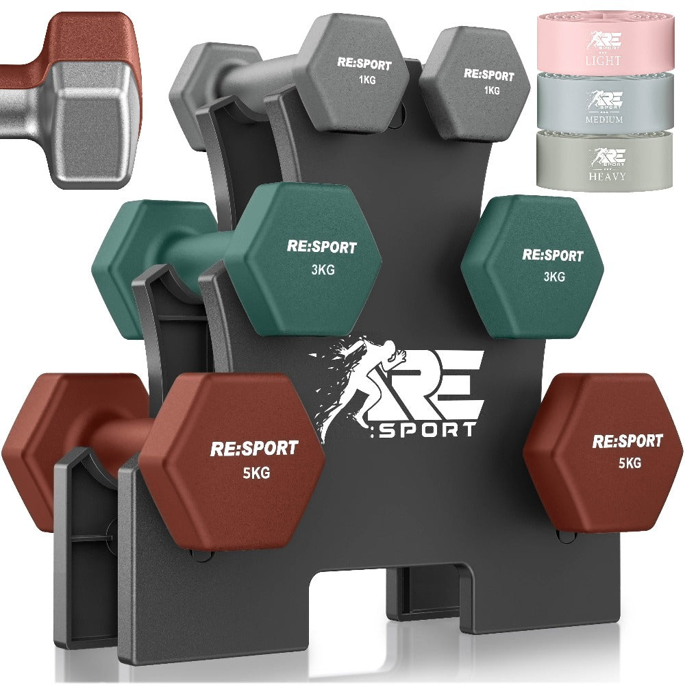 RE:SPORT® Juego de Mancuernas 3 Pares, 1Kg - 5Kg, 12Kg o 18Kg con Soporte y 3 Bandas Elásticas Fitness | Mancuernas Cortas Antideslizantes de Neopreno para Mujeres y Hombres | Juego de Mancuernas