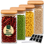 Set de recipientes grandes de vidrio para almacenamiento de alimentos, 4pza.s, 1000Ml | Tarros de cocina altos con tapa de bambú natural y sello de silicona | Contenedores de organización de cocina y despensa para productos secos, espagueti, arroz y cerea