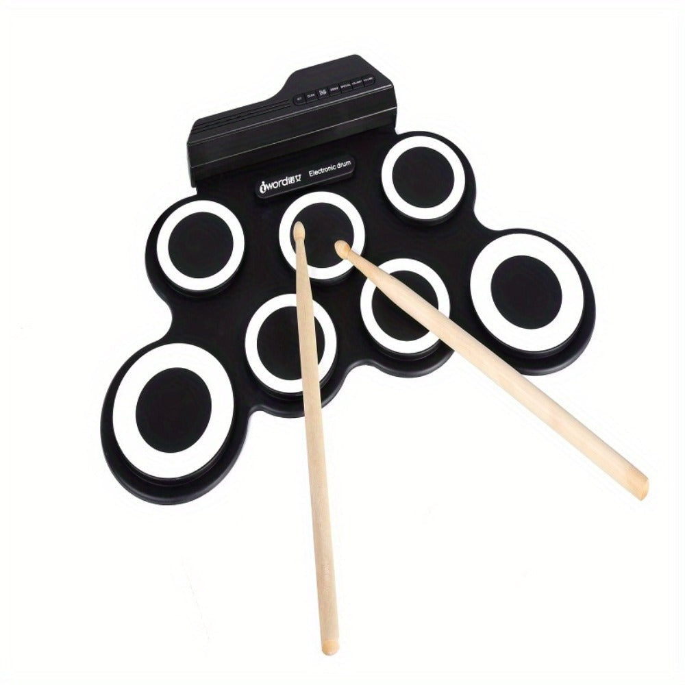 Batería electrónica, 7 pads enrollables, kit de batería midi portátil con altavoz incorporado/pedales/tomacables para auriculares, excelente regalo de vacaciones para principiantes