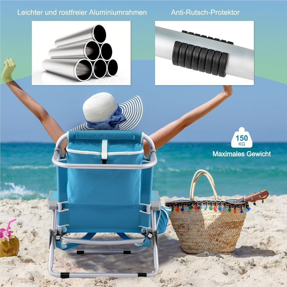 Silla de playa plegable, ligera, silla de camping con respaldo ajustable, reposacabezas, bolsillos laterales, correas para los hombros, soporte para toalla y reposabrazos, silla plegable, silla para exteriores (Azul)