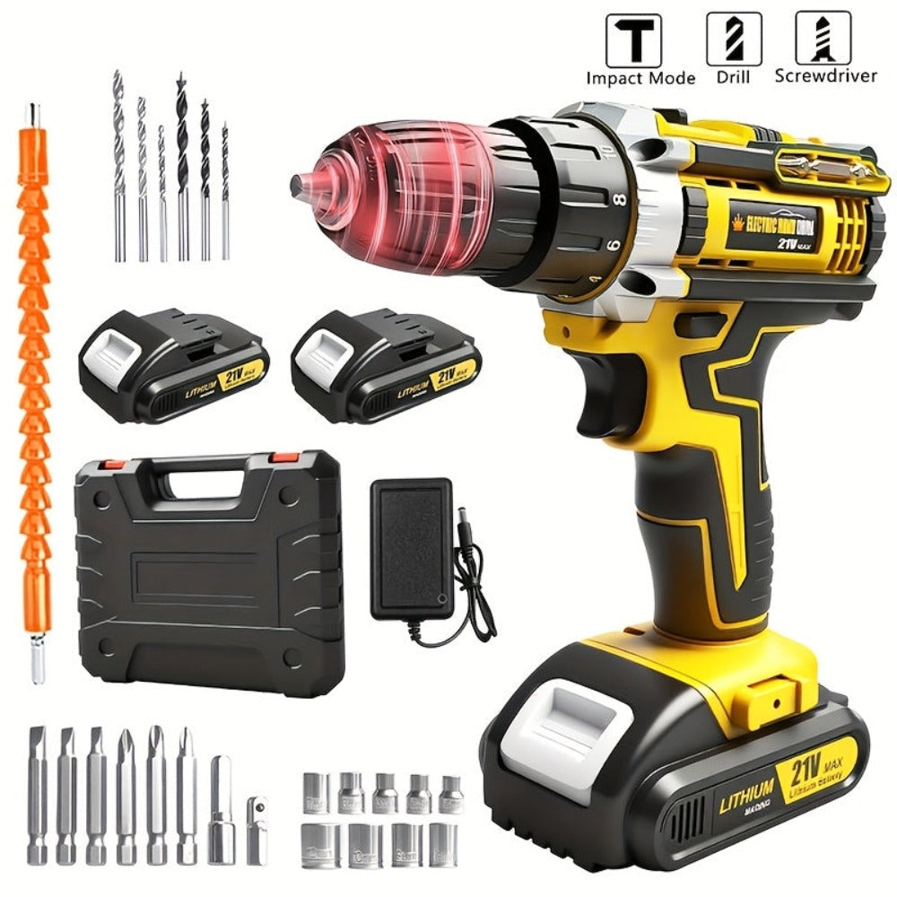 Juego de taladro inalámbrico. El nuevo taladro está equipado con un portabrocas sin llave de 3/8 de pulgada y una luz de trabajo. Tiene las funciones de un taladro de pistola T y un destornillador eléctrico ideal para proyectos domésticos. Con un diseño e