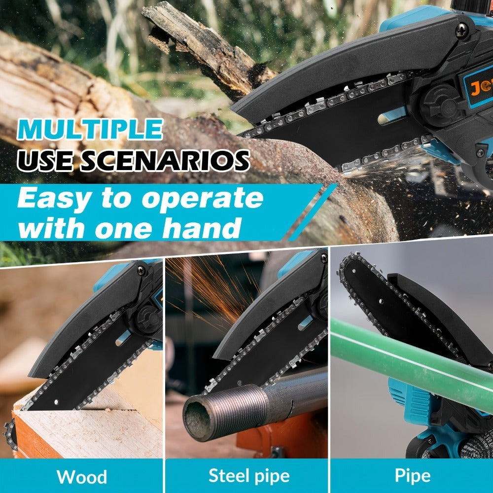 Motosierra Mini de 6 pulgadas Jemi Tool con Sistema de Lubricación Automática, Equipada con una Batería de 1/2 * 1.5Ah y una Cadena de 1/2, Ideal para Cortar Madera, Recortar Ramas y Podar Jardines