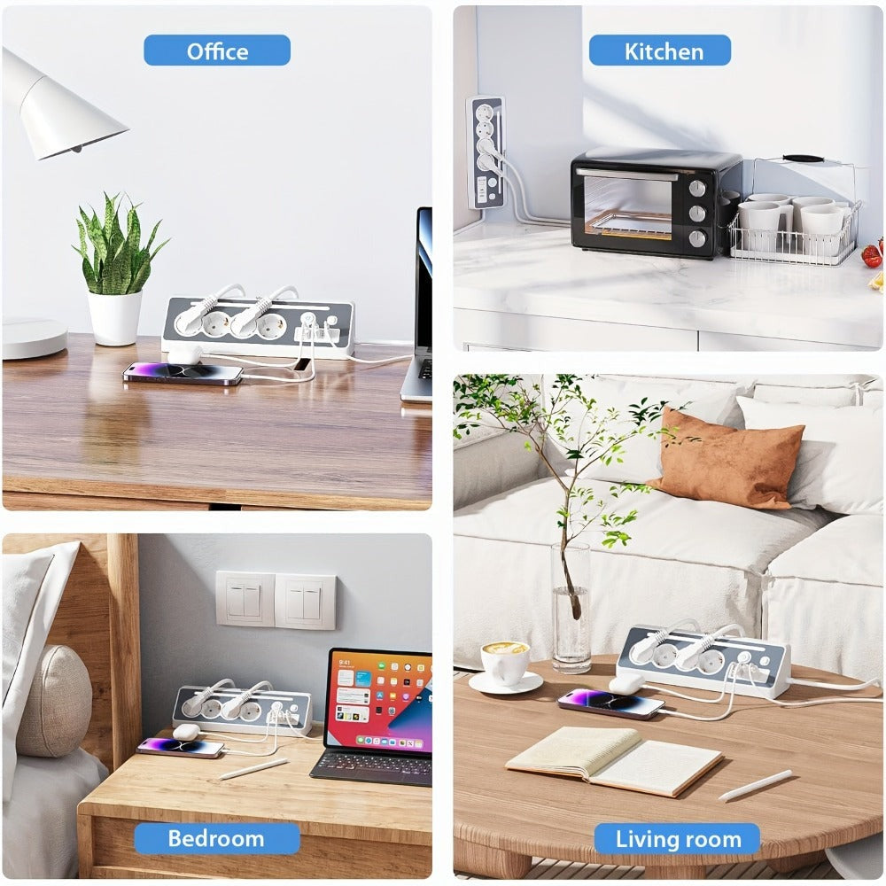 Regleta de enchufes múltiples de ángulo recto 7 en 1 con estación de carga rápida, 4 CA, 2 USB-C de 20W con indicador LED y doble interruptor, ideal para cargar teléfonos, tablets en el hogar, la oficina, configuración de oficina en casa, organización del