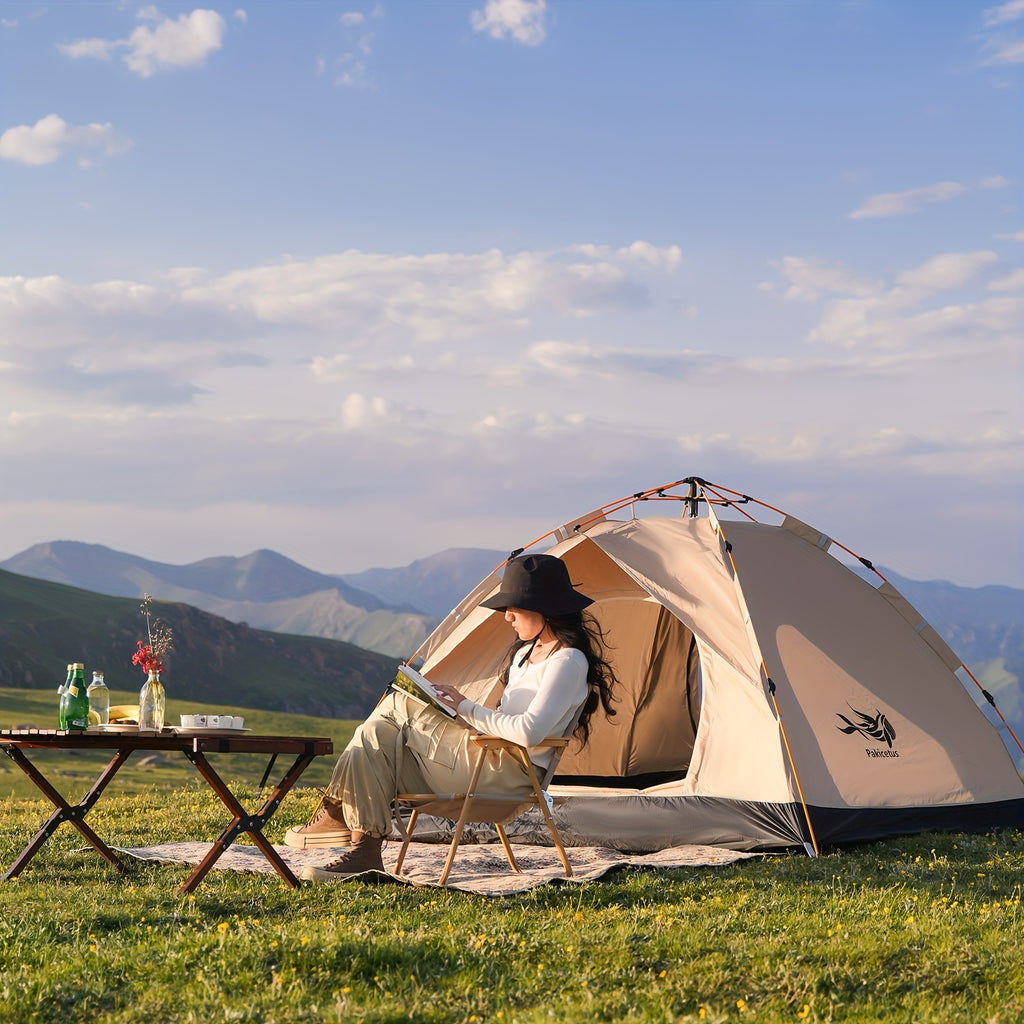 PAKICETUS Carpa de Apertura Rápida para Exteriores - 1-2/3-4 Personas, Carpa para Todas las Estaciones, Doble Puerta con Ventilación Mejorada, Ligera y Resistente al Viento en Gris/Amarillo, Ideal para Camping, Senderismo, Accesorios para Campistas, Carpa