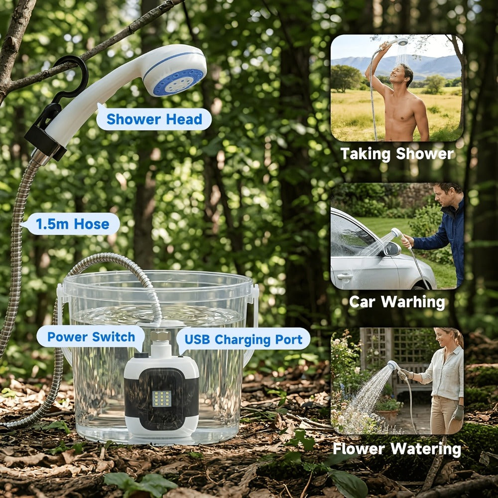 Bomba de ducha de camping recargable portátil multifuncional - Cabezal de ducha para exteriores de 2000 mAh, puede extraer agua de un cubo, adecuada para camping, viajes, baño de mascotas, lavado de coches y jardinería | Bomba de ducha de camping de mano,