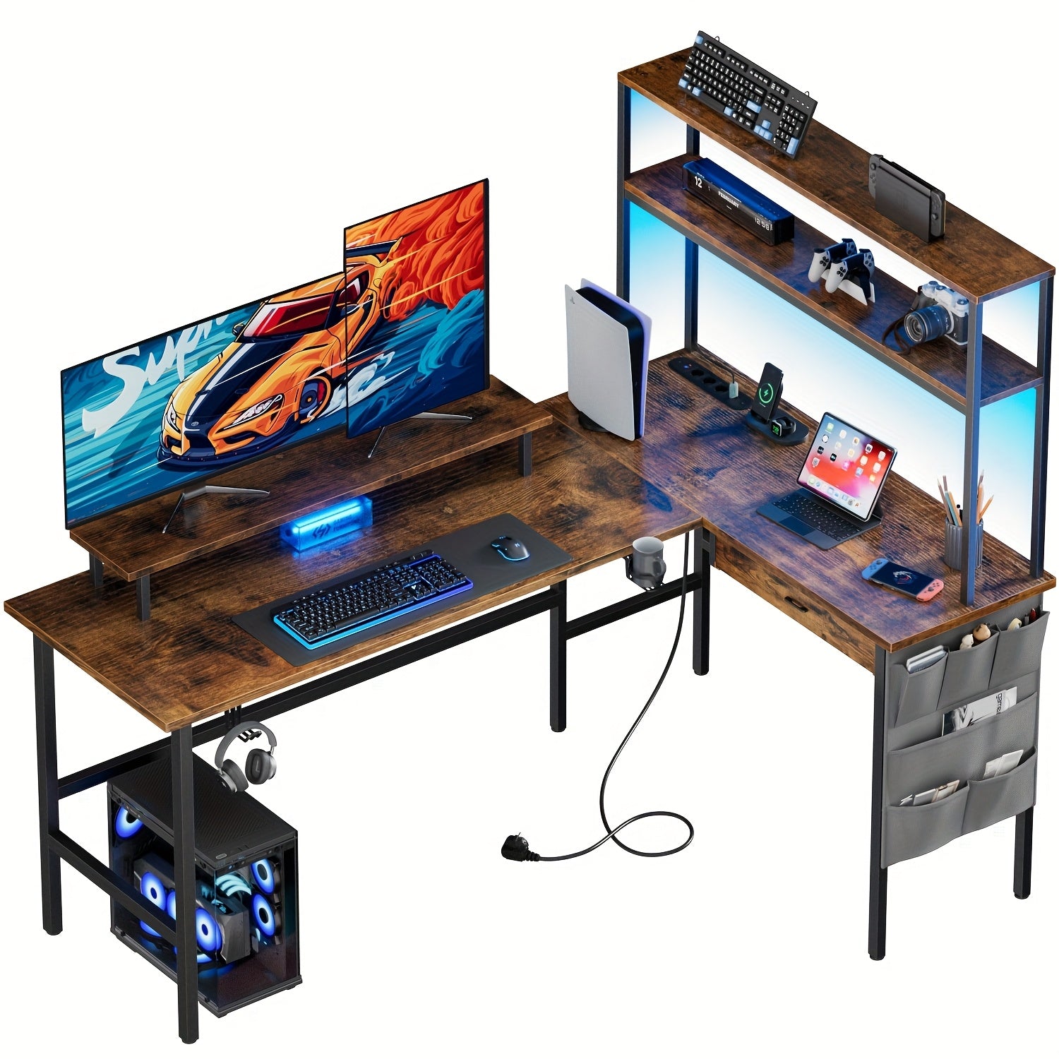 Escritorio Gaming en Forma de L con Luz LED y Toma de Corriente - Escritorio para Gamers, Escritorio Reversible para Computadora de 59/67 Pulgadas con Estantes de Almacenamiento y Cajón y Bolsa, Mesa de Juego de Esquina con Soporte para Monitor, Oficina e