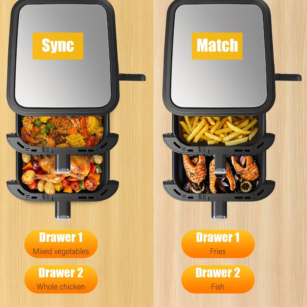 Freidora de Aire de 11L con Ventana de Fácil Visualización, Cajones Verticales Dobles, Cocción en 4 Niveles, Capacidad XXL - 2 Cestas de 5.5L, 2 Cajones y 2 Rejillas, Ahorro de Espacio, 10 Funciones, Sincronización y Compatibilidad, Libre de PFAS, 2800W