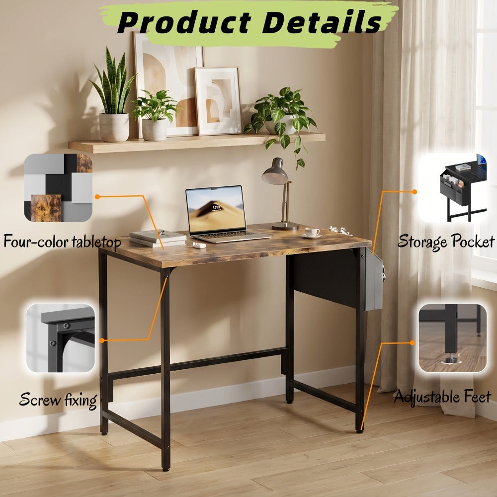 Escritorio Pequeño para Computadora con Bolsa de Almacenamiento, Compatible para Oficina en Casa - Escritorio Compacto Ahorrador de Espacio, Estación de Trabajo Independiente con Altura Ajustable, Montaje, /Blanco/Gris/Marrón - Estructura de Metal y Tapa