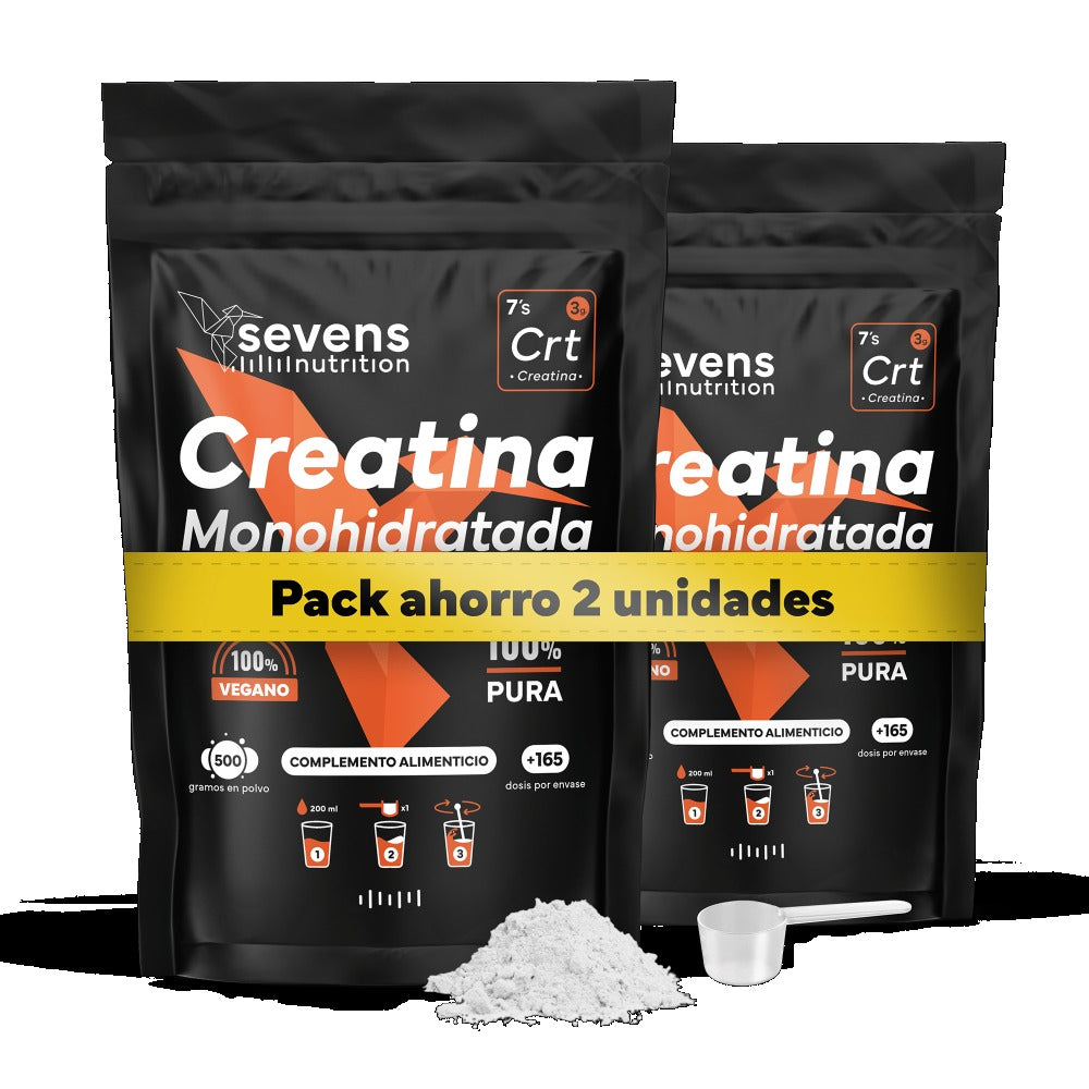 Pack 2x Creatina Monohidratada en Polvo Sin Sabor – 1000 g Totales – Creatina Micronizada 100 % Pura – Vegana y Sin Gluten – Sevens Nutrition