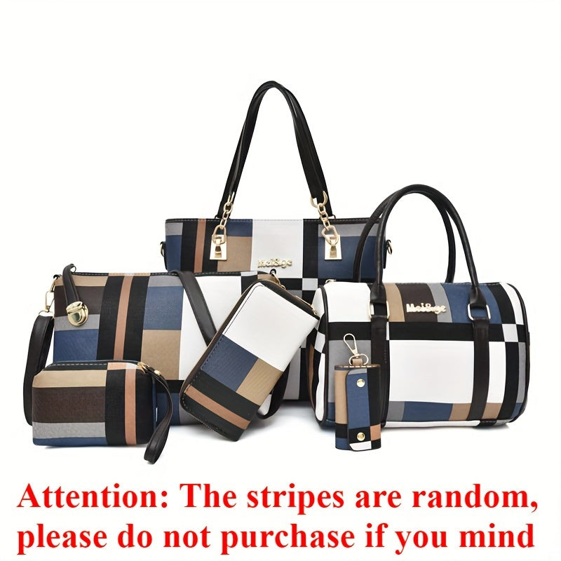 Juego de 6 piezas de bolso Vanaheimr para mujer, estampado de cuadros casual, las rayas son aleatorias, correa ajustable, cierre de cremallera, forrado, color de contraste de moda, combinación de bolso tote y bandolera de gran capacidad, ideal para regalo