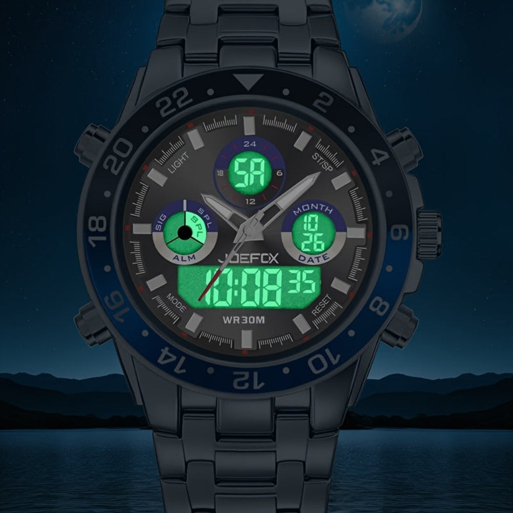 Reloj ejecutivo para hombre de inspiración vintage, cuarzo de doble pantalla con cronógrafo, alarma y fecha, correa de acero inoxidable, caja redonda de aleación de zinc, resistente al agua, a pilas