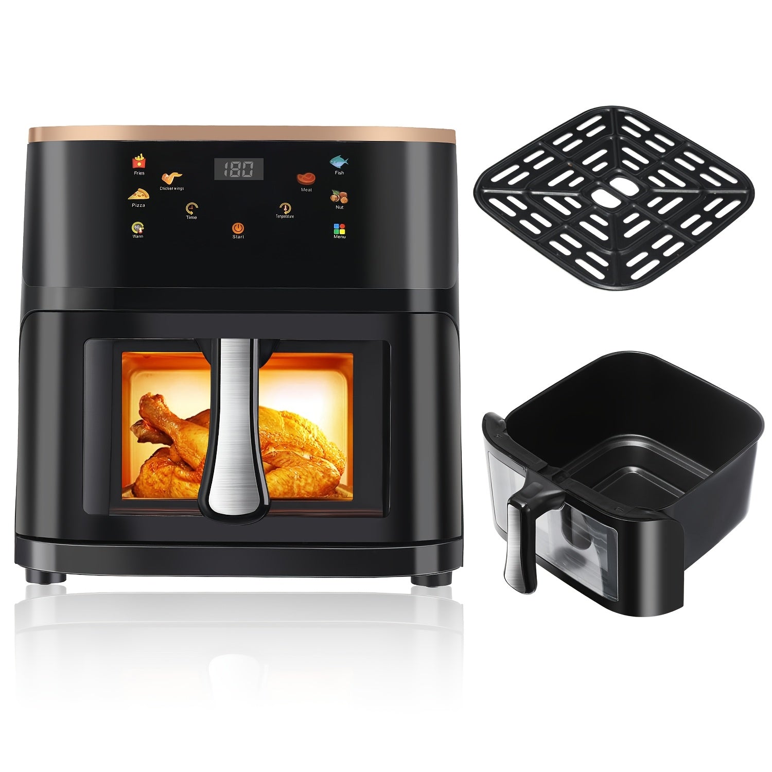 Freidora Inteligente 6 en 1, Capacidad de 10 Litros, Ventana Transparente, 6 Modos Preestablecidos, Control Táctil, Temporizador de 60 Minutos, Temperatura Ajustable (80-200°C), Ideal para Barbacoas Familiares y Comidas Saludables Bajas en Grasa