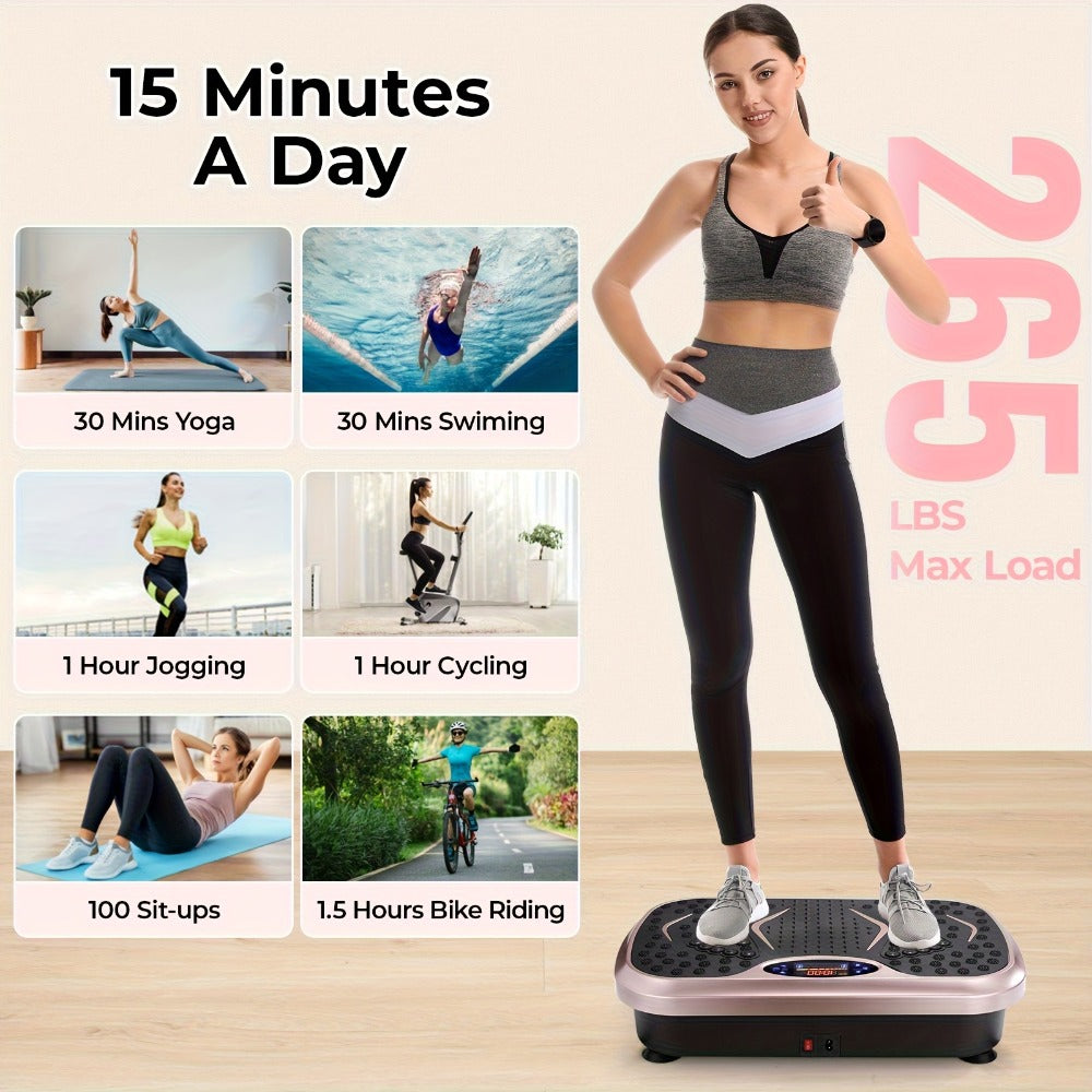 Plataforma de vibración, 5 programas de entrenamiento + 99 niveles de velocidad ajustables, tabla de masaje, cinturón de entrenamiento con diseño antideslizante, tabla de vibración para fitness en casa, entrenamiento de cuerpo completo, capacidad de peso
