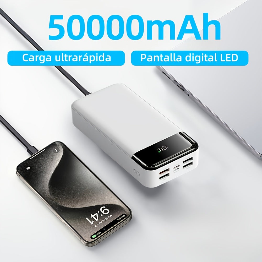 Power Bank de Alta Capacidad 50000mAh con Carga Súper Rápida, Interfases USB/Type-C/Micro, Equipado con Lámpara LED y Pantalla de Nivel de Batería. Adecuado para Cargar Rápido iPhone y Dispositivos Android. Fuente de Energía de Emergencia