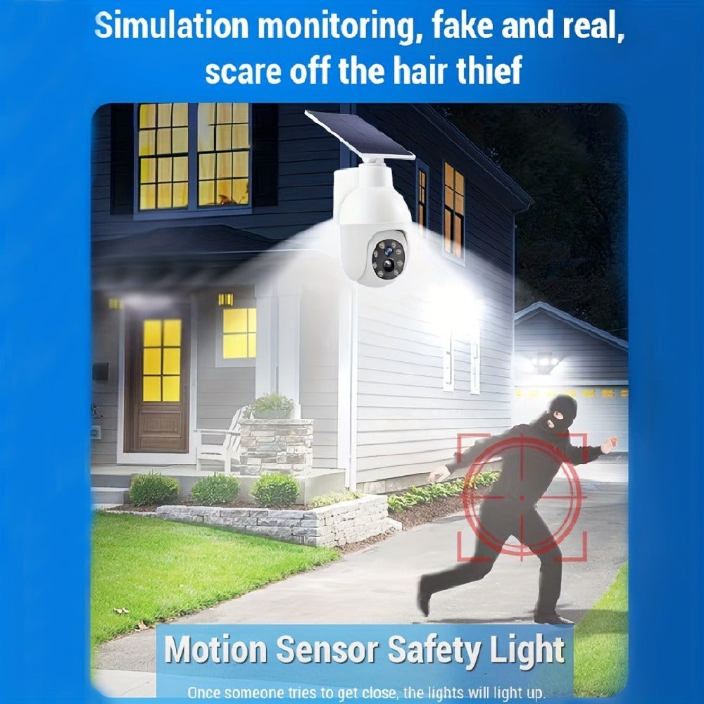 Lámpara de seguridad inteligente con energía solar, -rated; Lámpara de iluminación con sensor de movimiento con energía solar; Batería de litio de 2200 MAh, Foco de cámara de vigilancia de doble con forma realista; Sin funcionalidad de vigilancia real; Lá