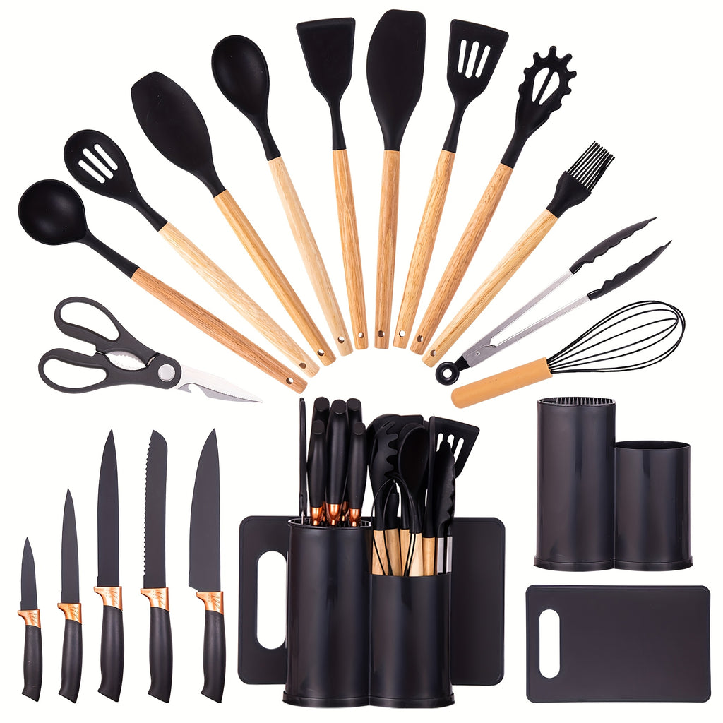 Juego de 19 piezas de cuchillos de cocina modernos y utensilios de cocina - Colección de hojas profesionales con mangos ergonómicos - Accesorios de cocina de alta calidad con soporte de almacenamiento - Herramientas de corte de espiga completa y esenciale