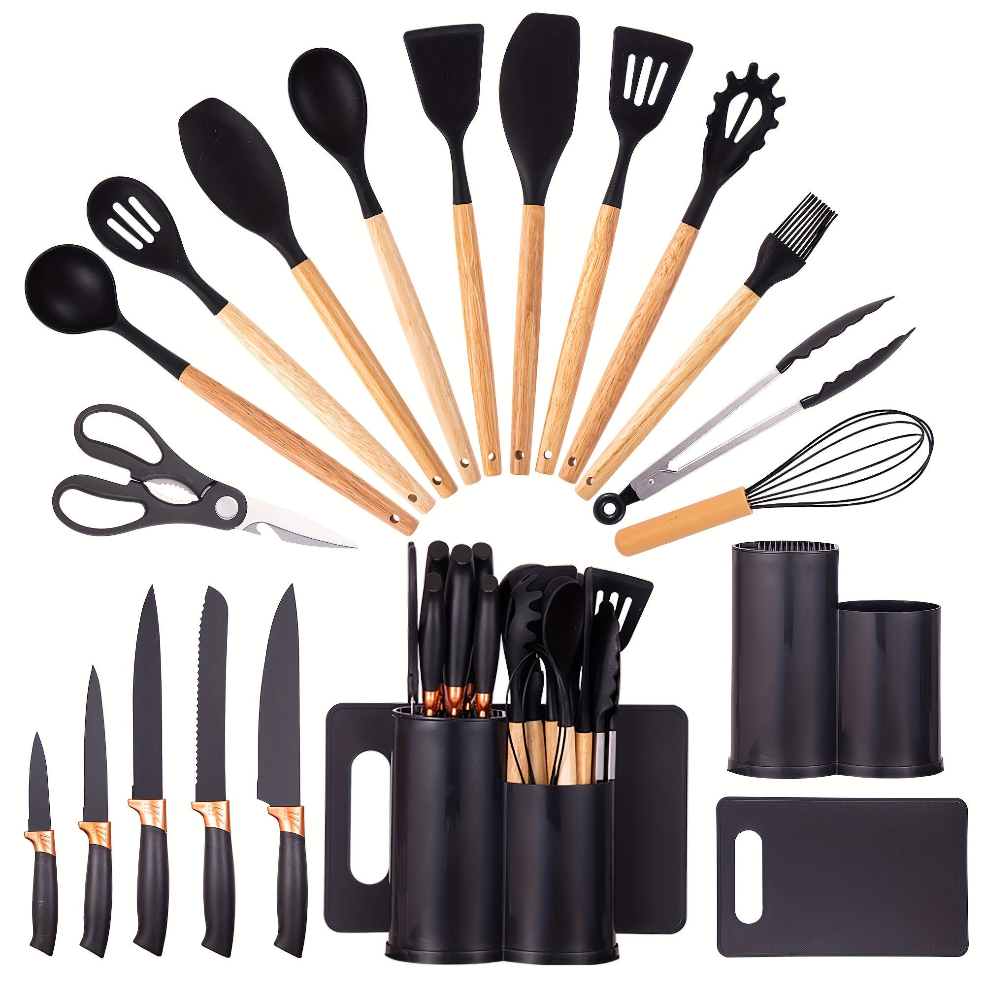 Juego de 19 piezas de cuchillos de cocina modernos y utensilios de cocina - Colección de hojas profesionales con mangos ergonómicos - Accesorios de cocina de alta calidad con soporte de almacenamiento - Herramientas de corte de espiga completa y esenciale
