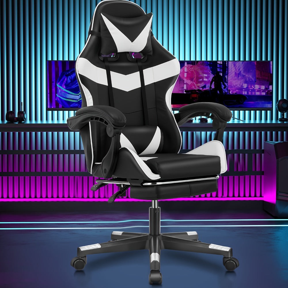 Silla Gaming, Silla de Ordenador con Cojín Lumbar, Reposacabezas, Reposapiés, Silla de Oficina Gaming Ajustable en Altura para Adultos, Niñas, Niños