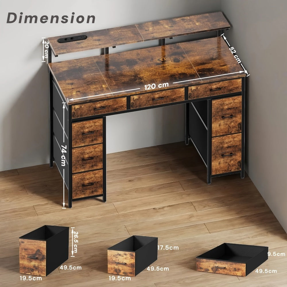Hlfurninova Escritorio para Computadora con 8 Cajones de Almacenamiento de Tela, Escritorio para Oficina en Casa con Soporte para Monitor, Escritorio Gaming con Luces LED y Toma de Corriente, Escritorio para Estudio en el Dormitorio, 119.38 cm, 4 Colores