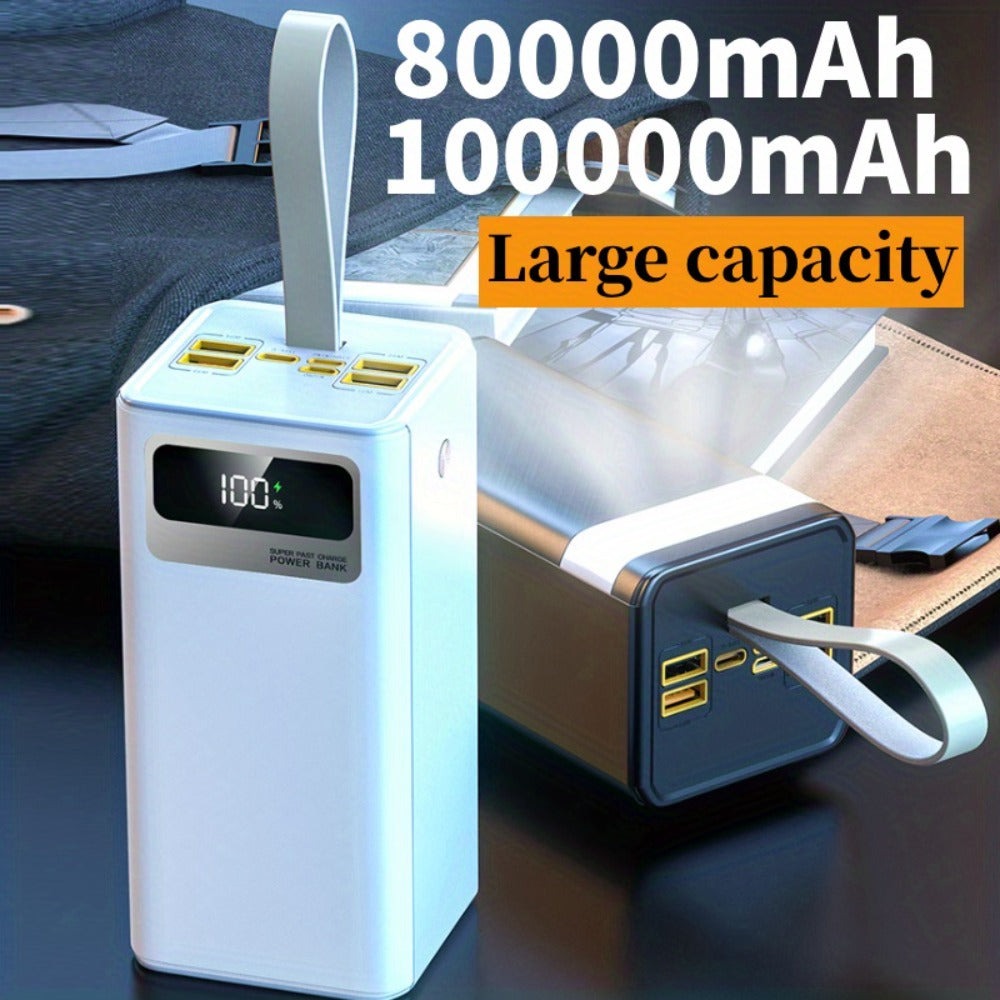 Batería Externa de 80000mAh/100000mAh, Carga Súper Rápida de 22.5W, Batería de Gran Capacidad, Pantalla Digital Inteligente, Cordón de Cuero, Luz LED para Camping al Aire Libre, Fuente de Energía de Respaldo para Viajes, Adecuada para Teléfonos, Dispositi