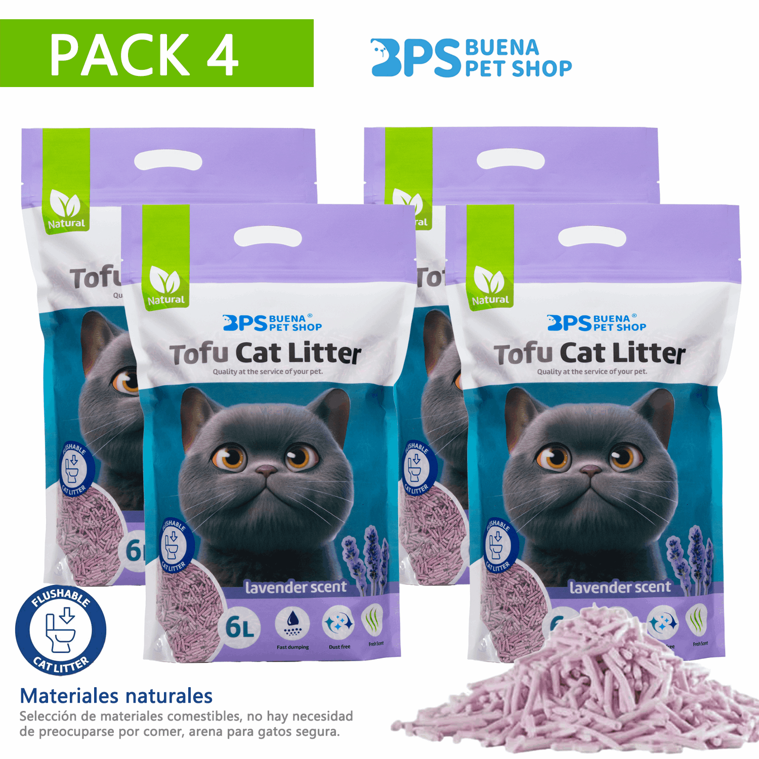 PACK 4 Arena para Gatos AGROMERANTE Arena de Tofu BPS para Gatos sin Polvo Fácil de Aglomerar Controla los Olores se Lanza en el Inodoro 4Pcs aglomera 6L