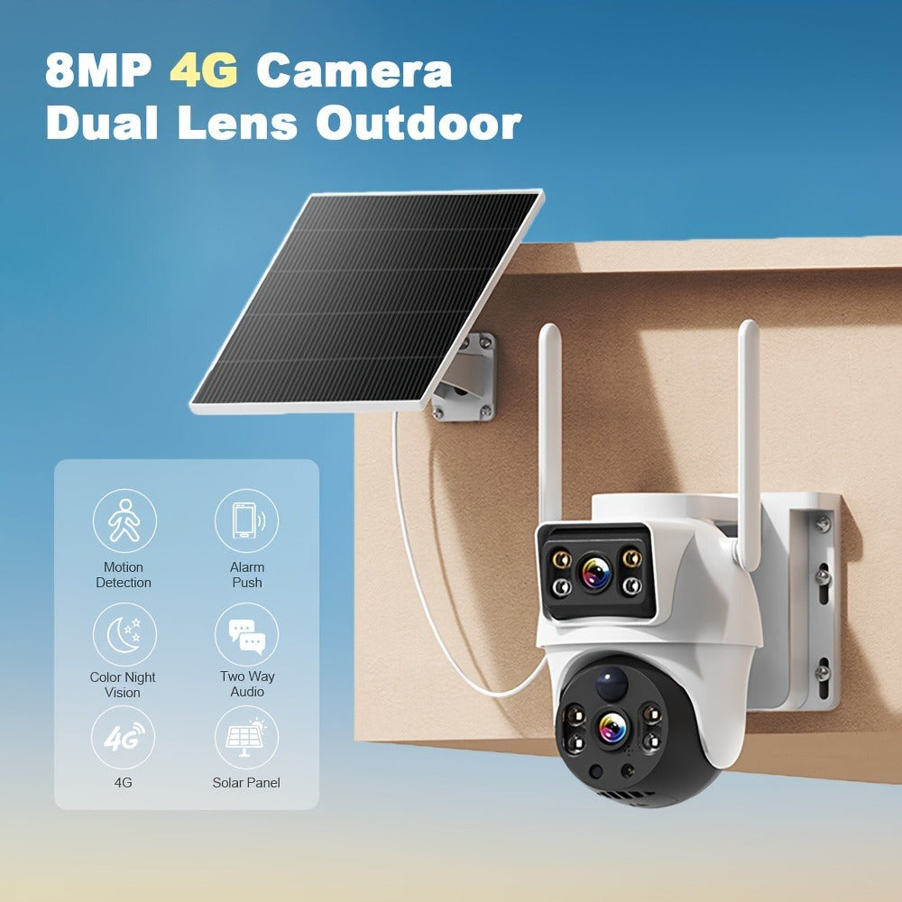 Cámara Solar Dual Lens 8MP 4G, Detección PIR de Humanoides, Audio Bidireccional, Visión Nocturna a Color, Detección de Movimiento, Alertas por Notificación, con Tarjeta SIM