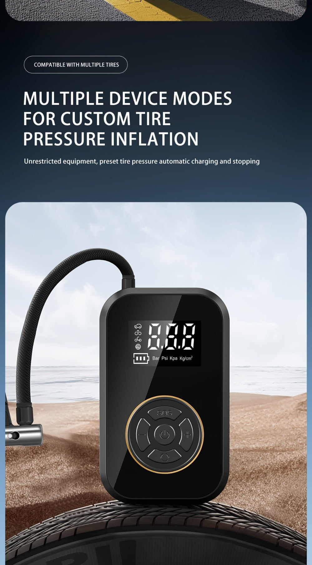 Inflador de neumáticos portátil inalámbrico de 120 vatios con pantalla digital para coche, compresor de aire para motocicleta, inflador de neumáticos inalámbrico portátil para coche con luz LED y adaptador de boquilla