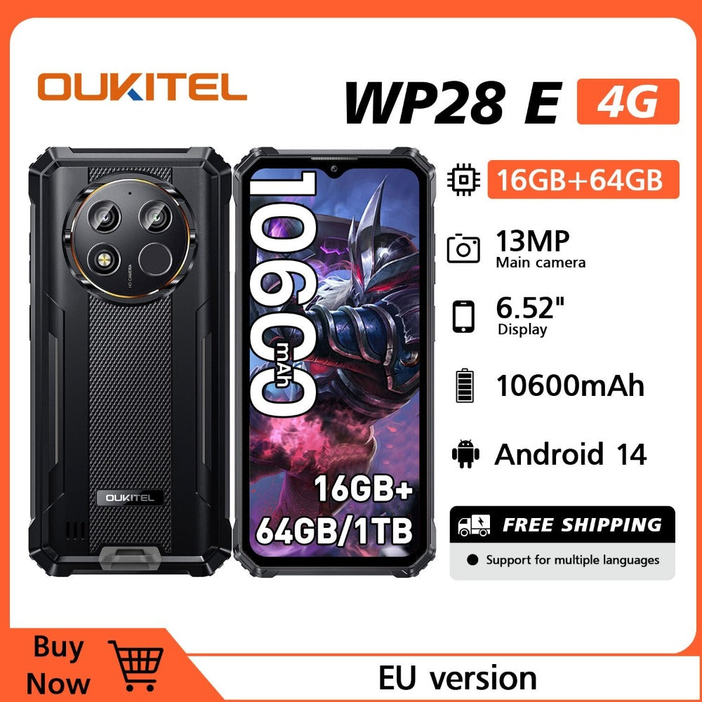 OUKITEL WP28E (2024) Móvil - 16GB RAM+64GB ROM (TF 1TB) Teléfono Movil Android 14 10600mAh, Movil 6.52 HD Pulgadas, Cámara 13MP+ 5MP, 4G Dual SIM/OTG/IP68/IP69K/GPS/NFC