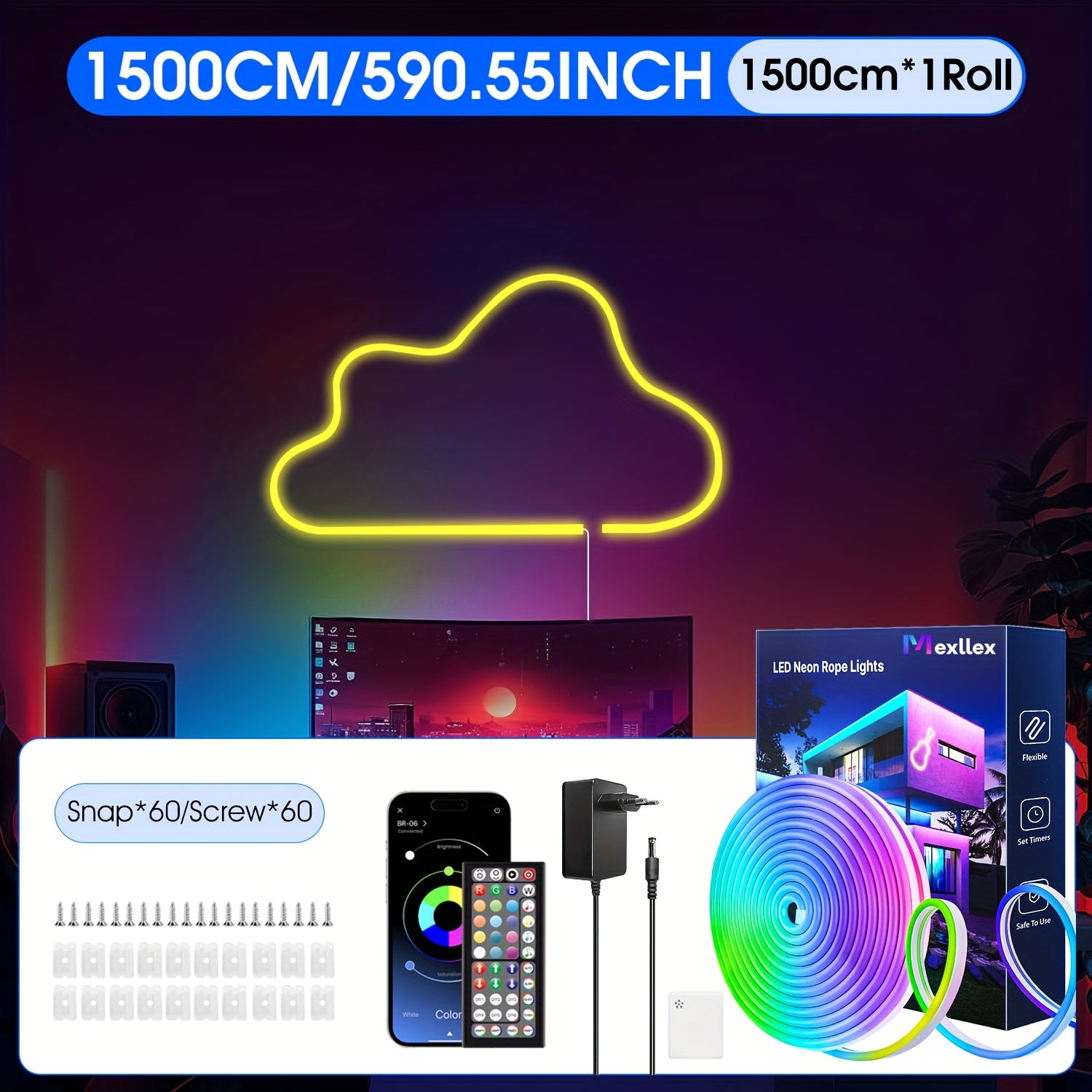 Tira de luz LED neón de 5M/10M/15M/20M/30M, 24V, control remoto/aplicación, tira de luz RGB flexible, IP67, ideal para dormitorio, habitación y decoración exterior