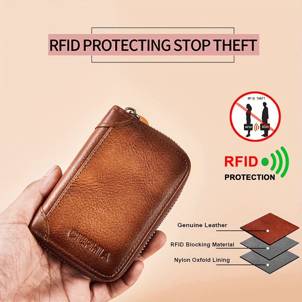 Cartera de Cuero Genuino para Hombre con Juego de Tarjetas de Bendición, Bloqueo RFID, Ultra Delgada, Piel de Vaca de Primera Calidad, Porta Tarjetas de Identificación y Crédito Multifuncional Compacto, Regalo para Navidad, Día de San Valentín y Día del P